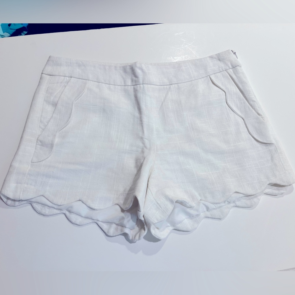 Cynthia Rowley White Scalloped Linen-Cotton Shorts
